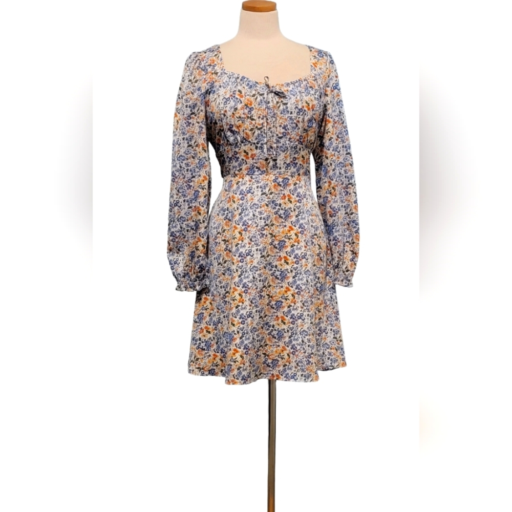 Skies Are Blue Floral Puff Sleeves Smock Baby Doll Zip Cocktail Dress